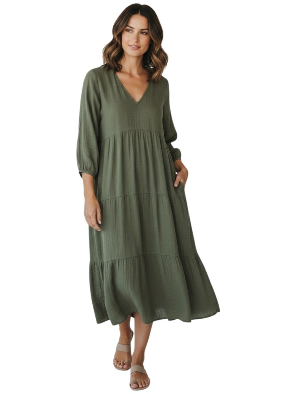 Universal Thread Tiered Maxi Size Large in Olive Green 100% Cotton Pockets